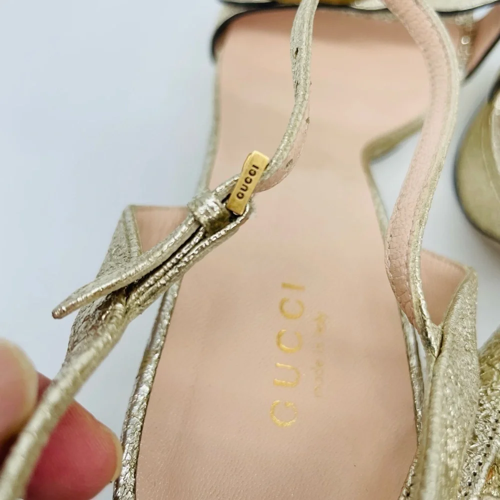 Gucci Galassia Metallic Gold leather GG Marmont ankle strap block heels 40.5